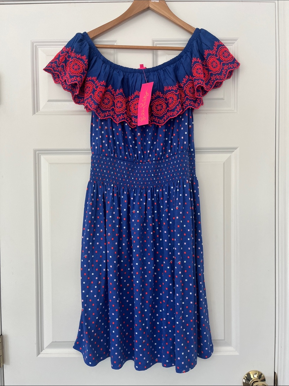 Lilly Pulitzer Blue Off-Shoulder Dress with Pink Embroidered Ruffle